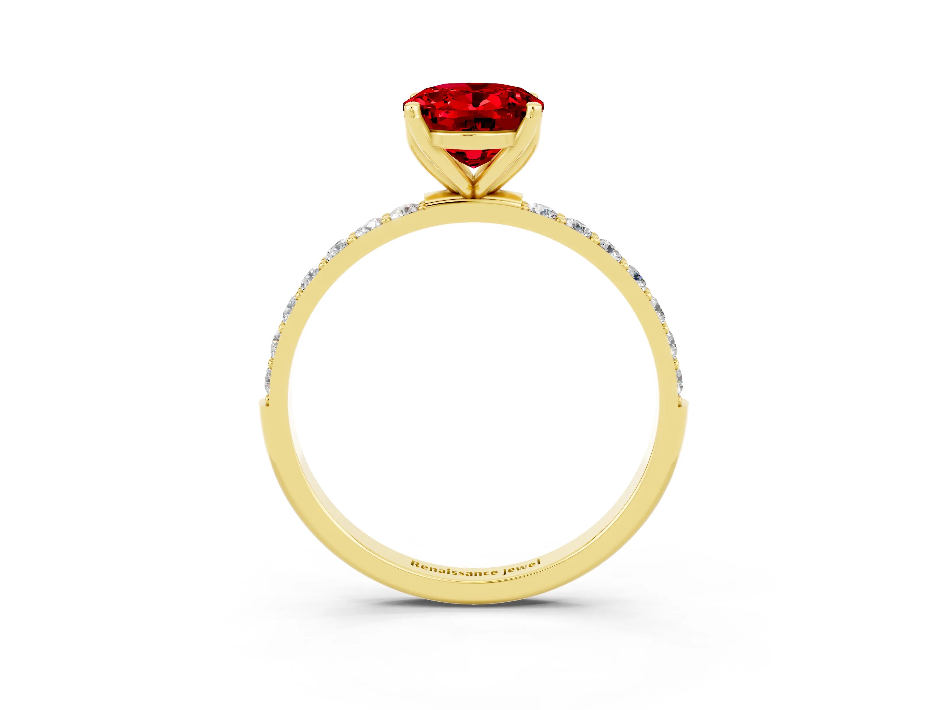 Yellow gold Oval Cut Ruby Solitaire Engagement Ring with Pavé Band and Prong Setting_3