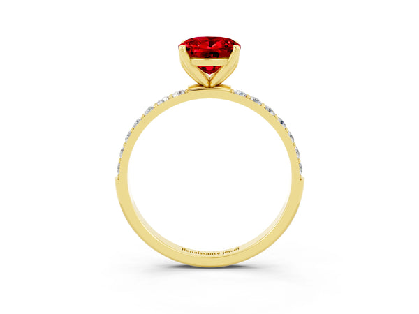 Yellow gold Oval Cut Ruby Solitaire Engagement Ring with Round  Pavé Band and Prong Setting