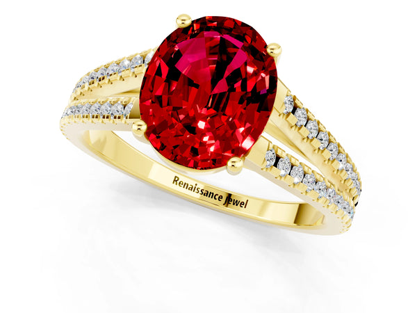 Yellow gold Oval Cut Ruby Solitaire Engagement Ring with Split Shank Pavé Band