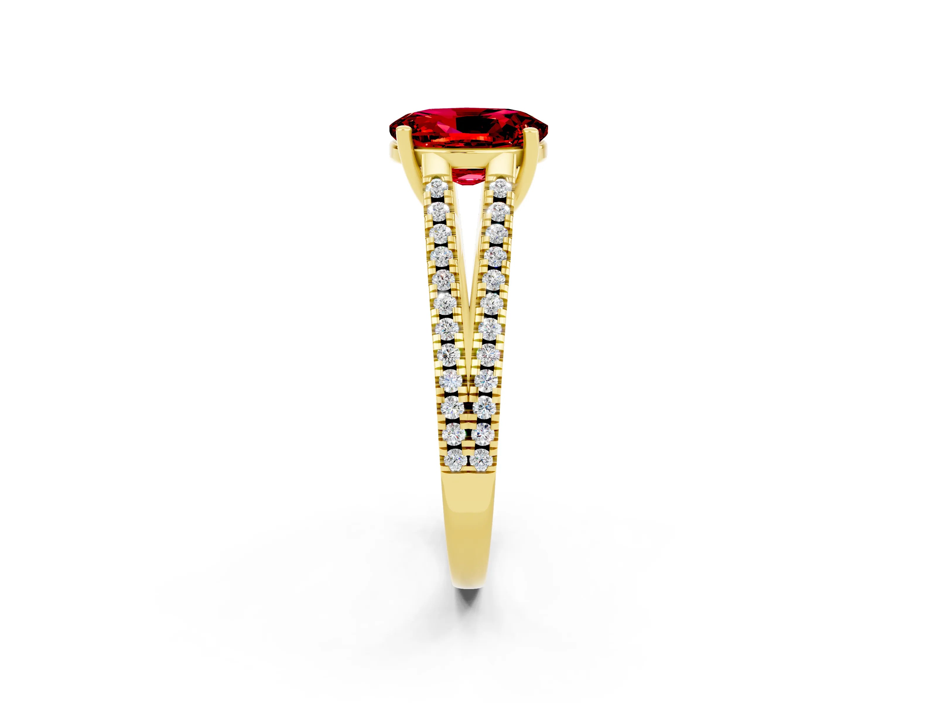 Yellow gold Oval Cut Ruby Solitaire Engagement Ring with Split Shank Pavé Band_2