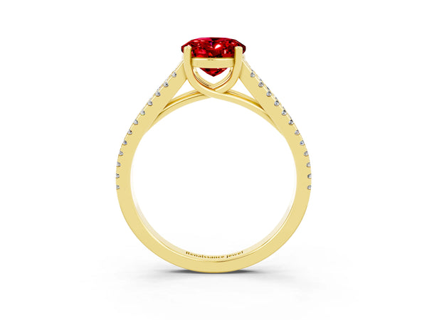 Yellow gold Oval Cut Ruby Solitaire Engagement Ring with Split Shank Pavé Band