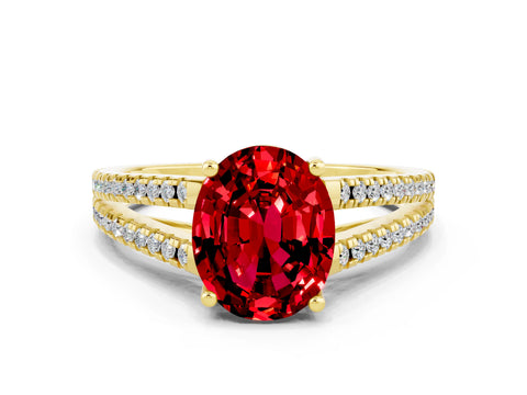 Yellow gold Oval Cut Ruby Solitaire Engagement Ring with Split Shank Pavé Band