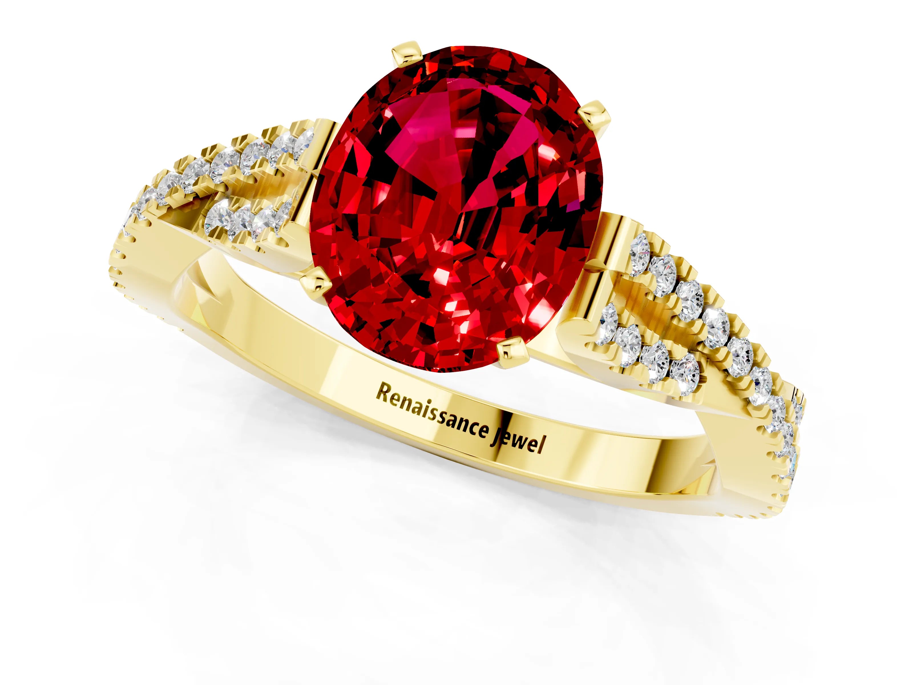 Yellow gold Oval Cut Ruby Solitaire Engagement Ring with Twisted Pavé Band and Four-Prong Setting_1