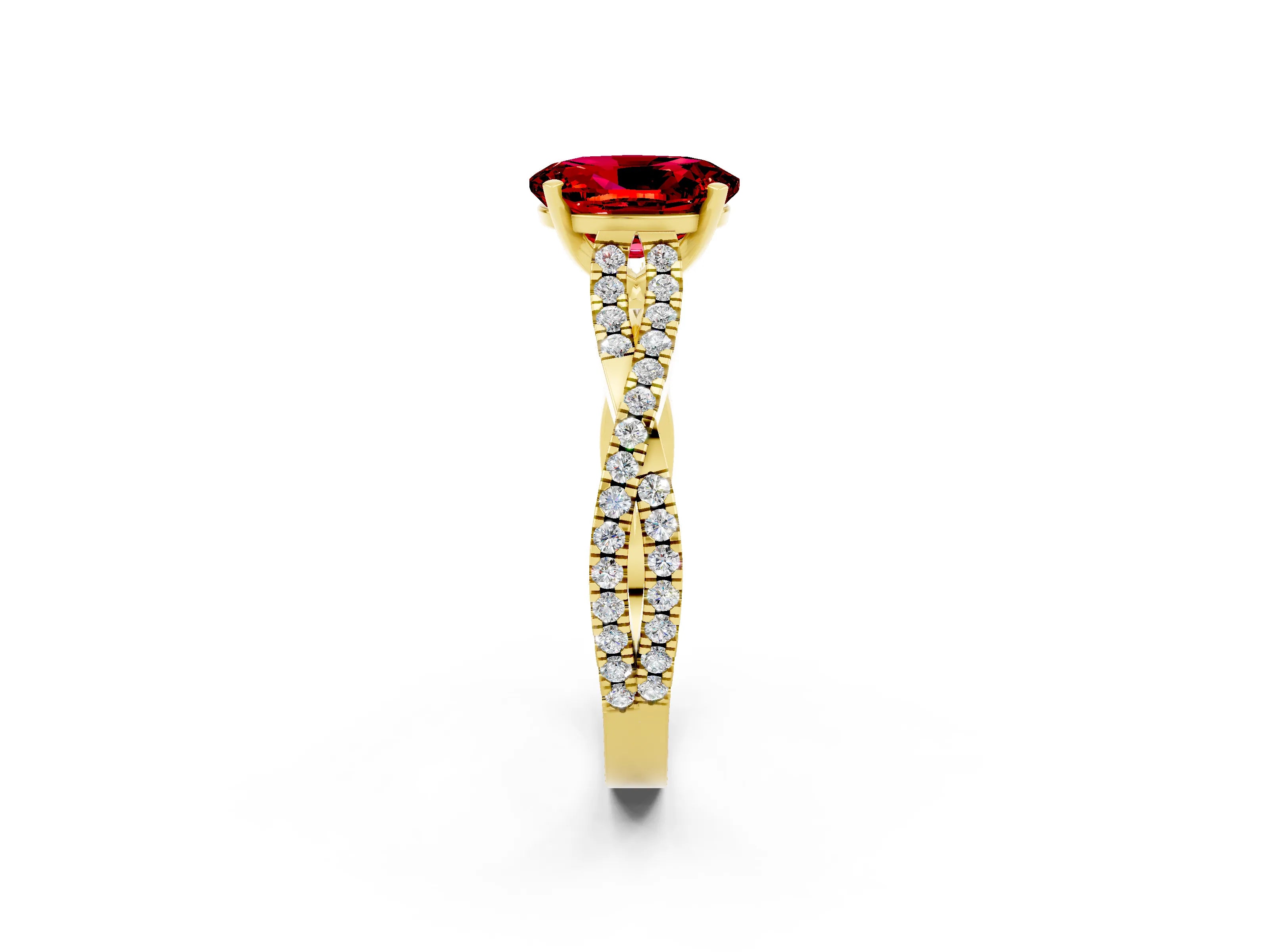 Yellow gold Oval Cut Ruby Solitaire Engagement Ring with Twisted Pavé Band and Four-Prong Setting_2