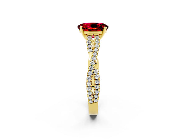 Yellow gold Oval Cut Ruby Solitaire Engagement Ring with Twisted Pavé Band and Four-Prong Setting