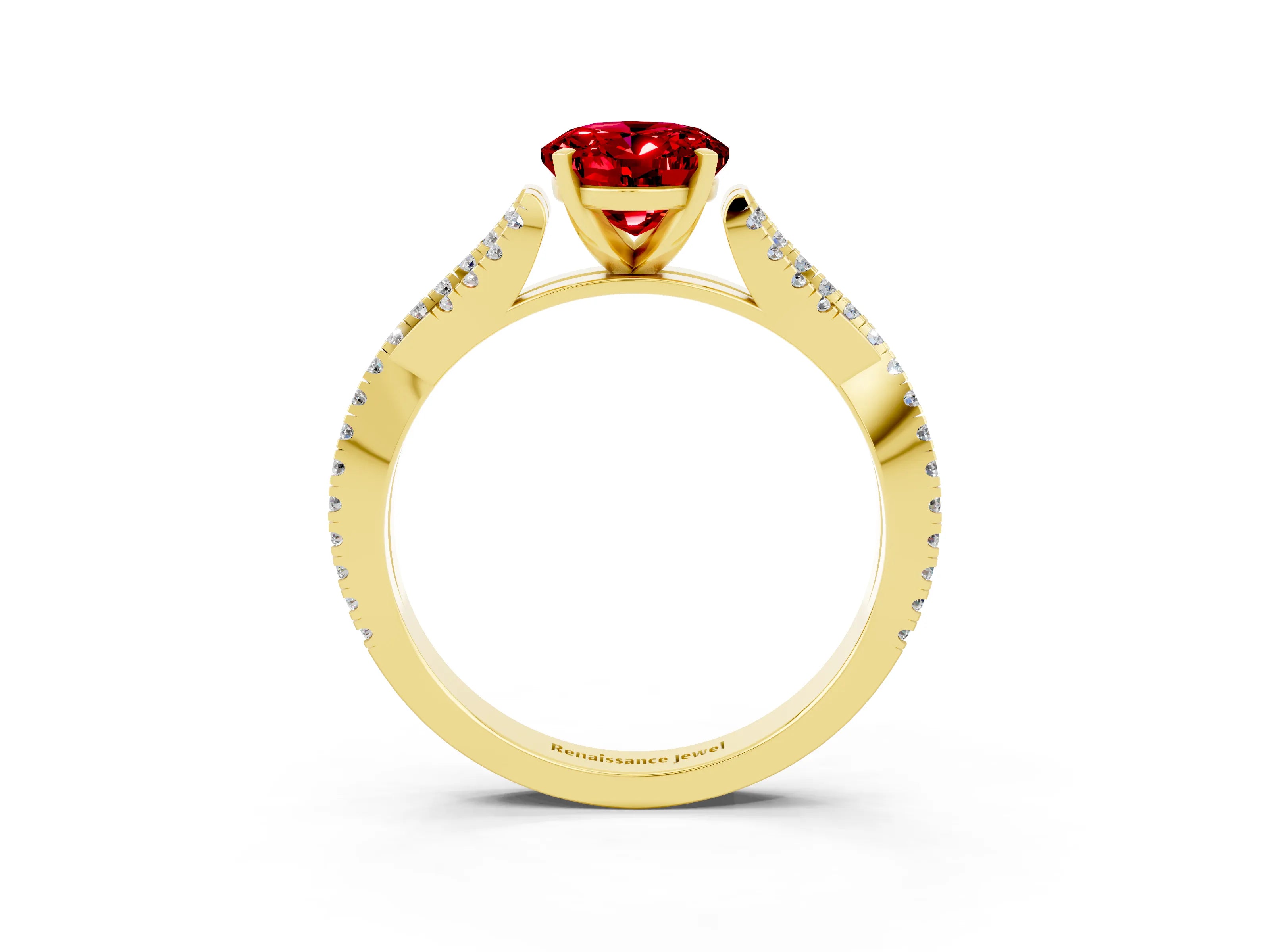 Yellow gold Oval Cut Ruby Solitaire Engagement Ring with Twisted Pavé Band and Four-Prong Setting_3