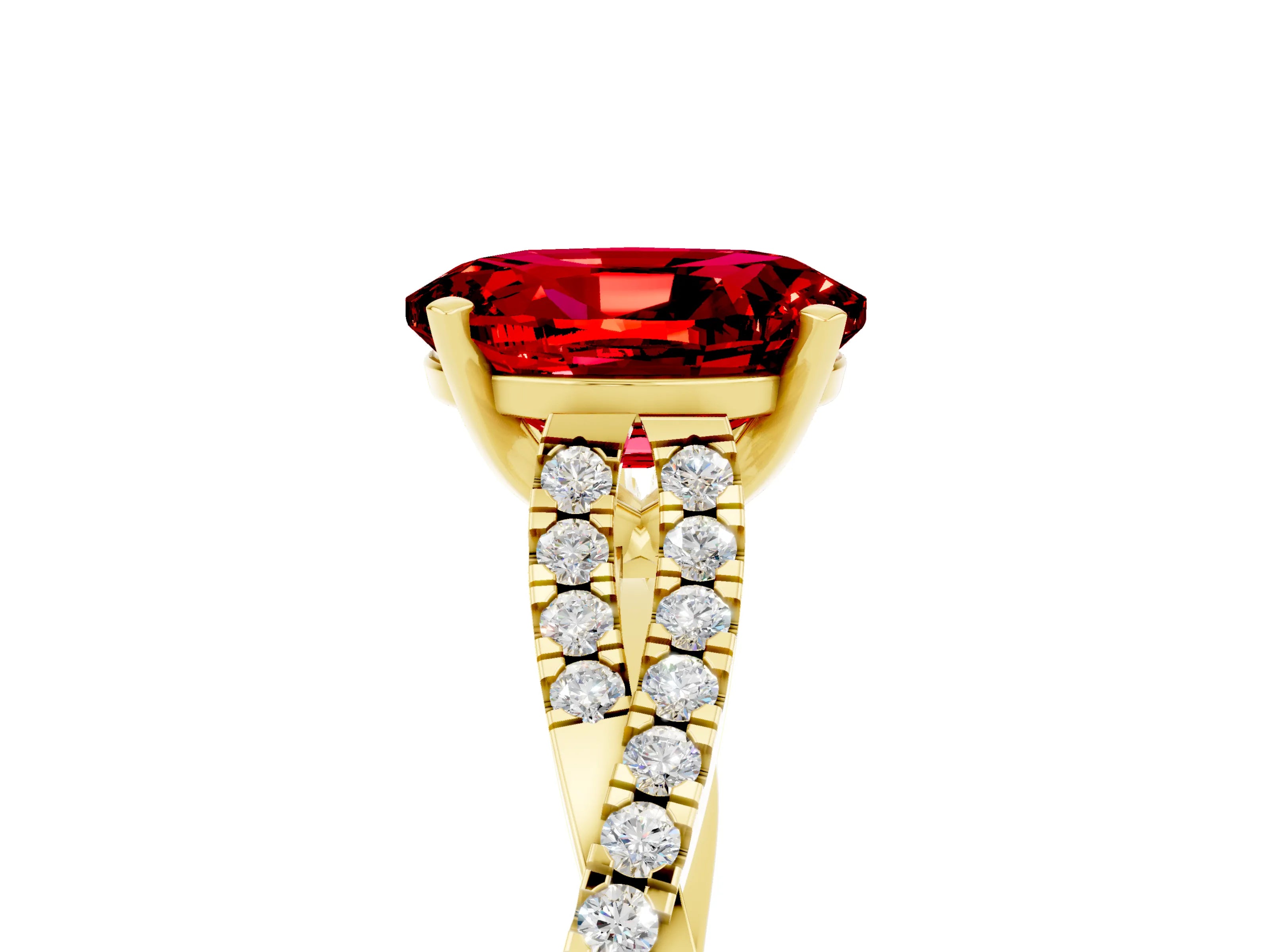 Yellow gold Oval Cut Ruby Solitaire Engagement Ring with Twisted Pavé Band and Four-Prong Setting_5