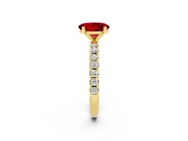 Yellow gold Oval Cut Ruby Solitaire Pavé Band with Four-Prong Setting