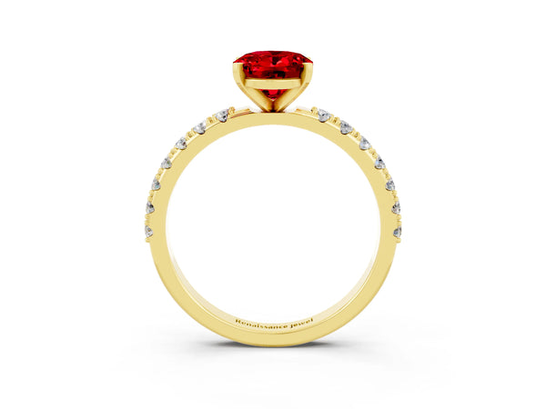 Yellow gold Oval Cut Ruby Solitaire Pavé Band with Four-Prong Setting