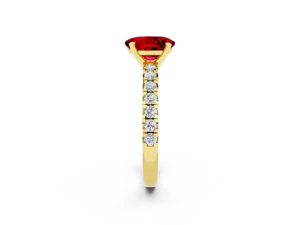 Yellow gold Oval Cut Ruby Solitaire Pavé Engagement Ring with Round Band and Prong Setting