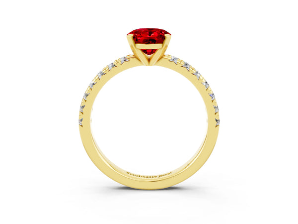 Yellow gold Oval Cut Ruby Solitaire Pavé Engagement Ring with Round Band and Prong Setting