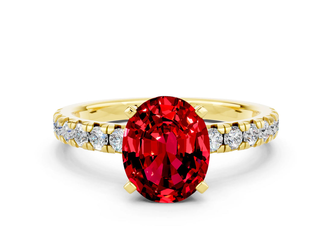 Yellow gold Oval Cut Ruby Solitaire Pavé Engagement Ring with Round Band and Prong Setting_66