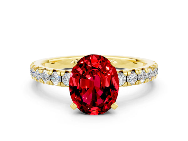 Yellow Gold Oval Lab-Grown Ruby Solitaire Engagement Ring with Large Round Accent Band