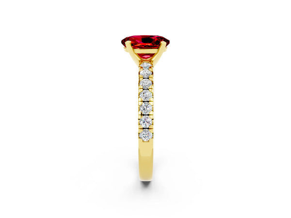 Yellow Gold Oval Lab-Grown Ruby Solitaire Engagement Ring with Large Round Accent Band