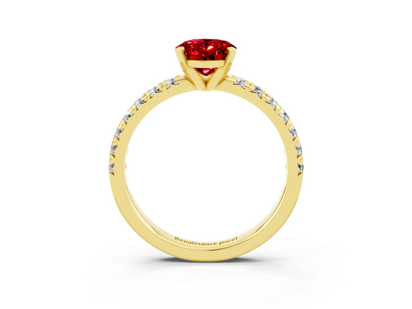 Yellow Gold Oval Lab-Grown Ruby Solitaire Engagement Ring with Large Round Accent Band