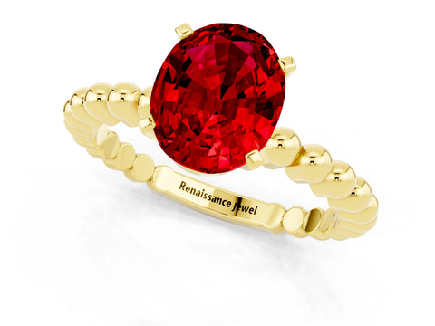 Yellow gold Oval Cut Ruby Solitaire Ring with Beaded Band and Prong Setting_1