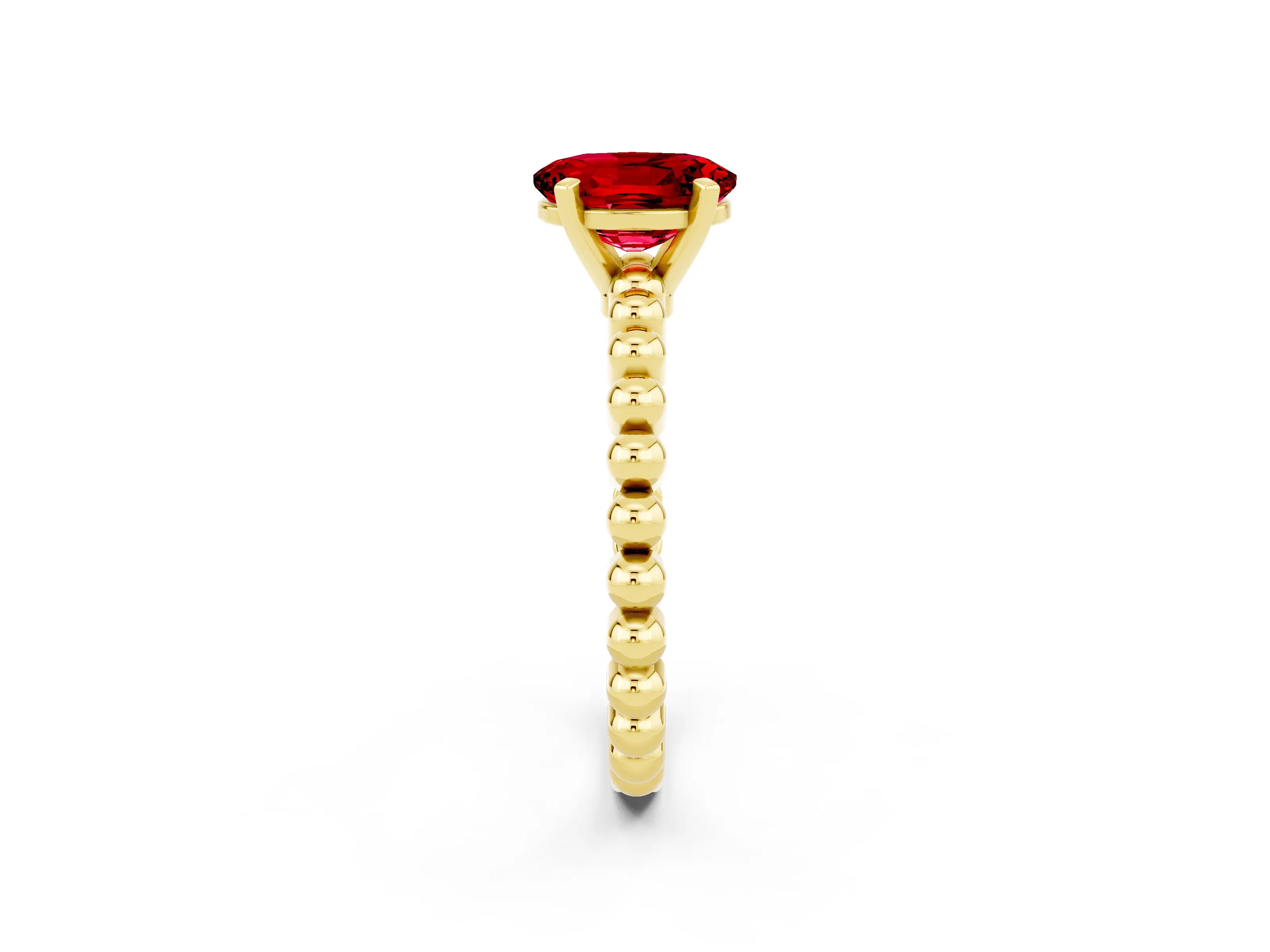 Yellow gold Oval Cut Ruby Solitaire Ring with Beaded Band and Prong Setting_2
