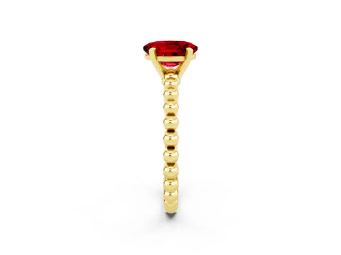 Yellow gold Oval Cut Ruby Solitaire Ring with Beaded Band and Prong Setting_2