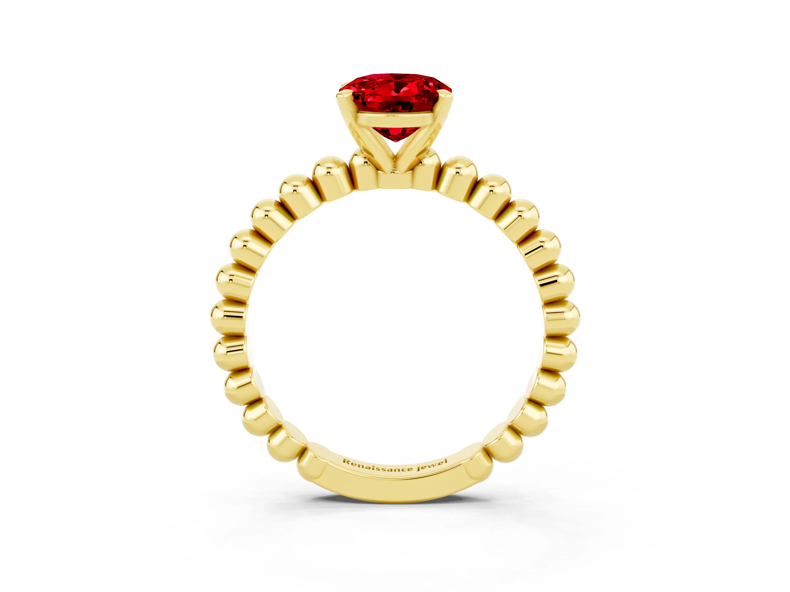 Yellow gold Oval Cut Ruby Solitaire Ring with Beaded Band and Prong Setting_3