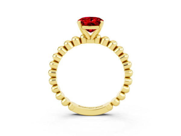 Yellow gold Oval Cut Ruby Solitaire Ring with Beaded Band and Prong Setting