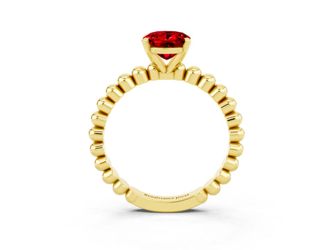 Yellow gold Oval Cut Ruby Solitaire Ring with Beaded Band and Prong Setting_3