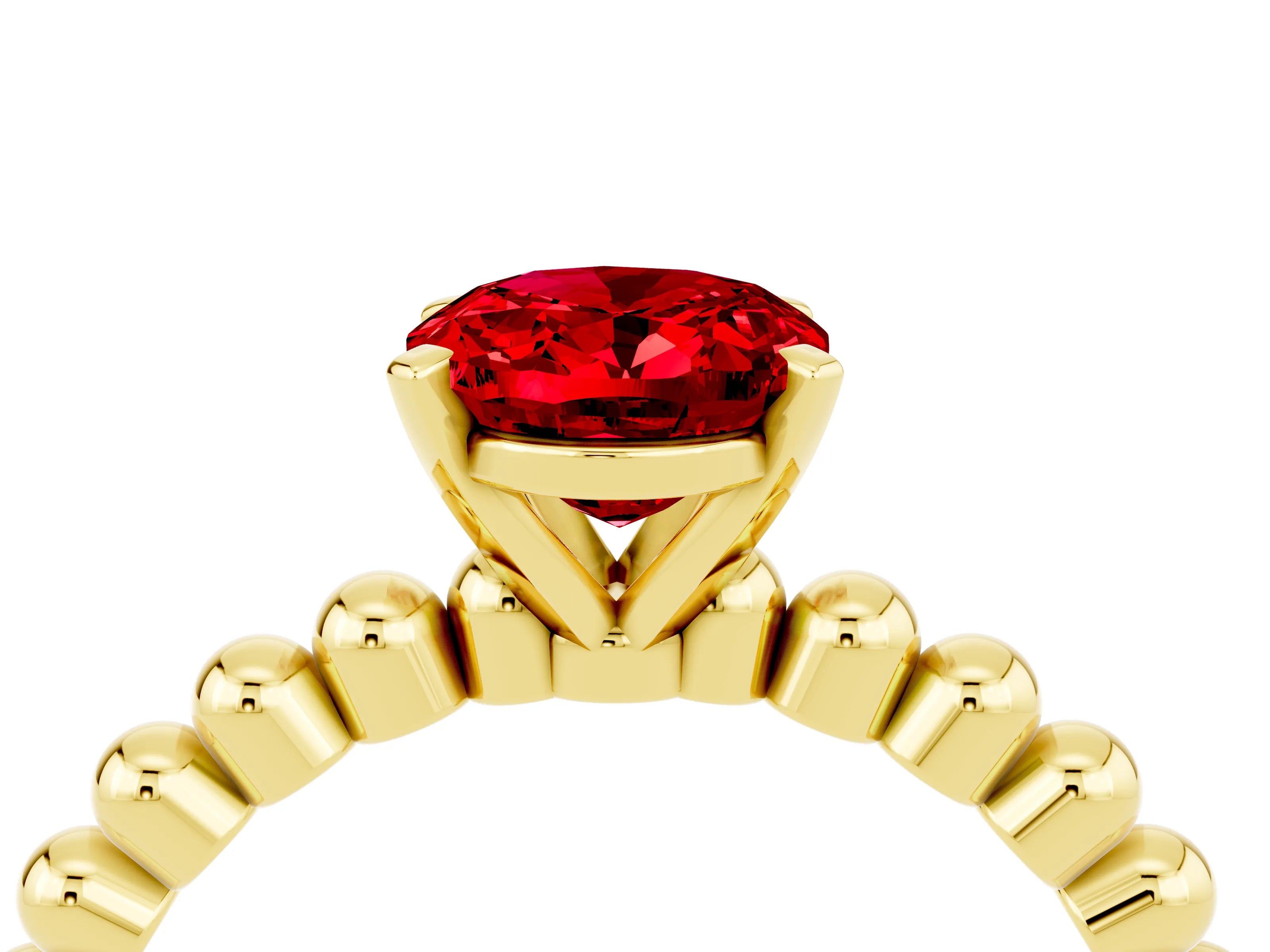 Yellow gold Oval Cut Ruby Solitaire Ring with Beaded Band and Prong Setting_4