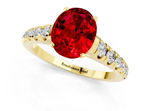 Yellow gold Oval Cut Ruby Cathedral Solitaire Ring with Round  Pavé Band