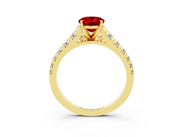 Yellow gold Oval Cut Ruby Cathedral Solitaire Ring with Round  Pavé Band