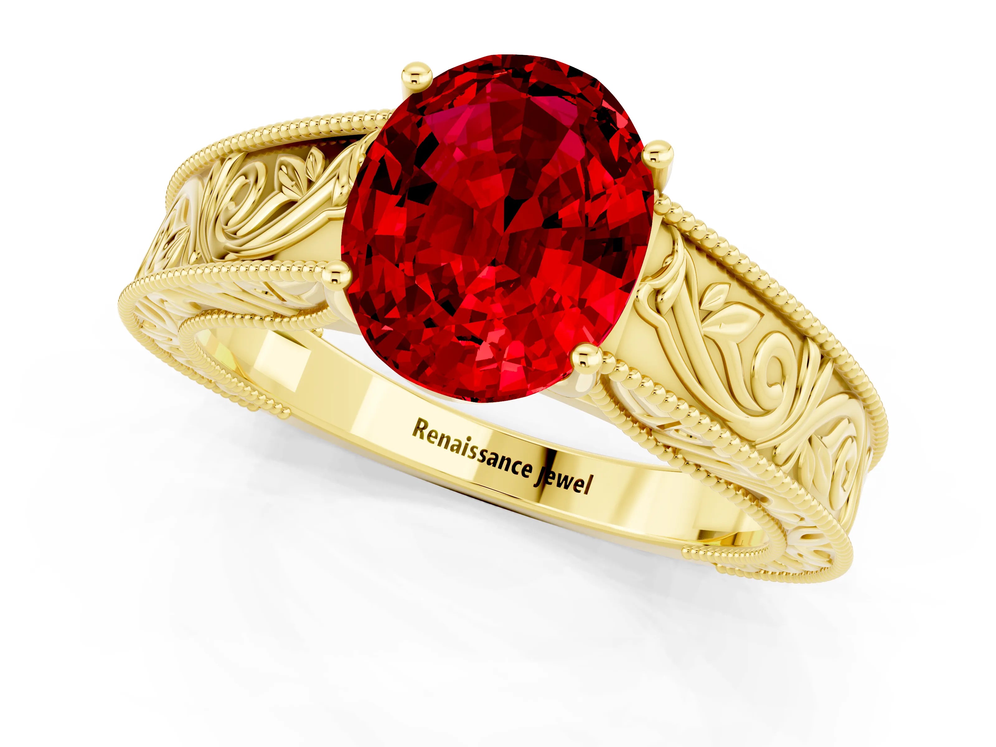 Yellow gold Oval Cut Ruby Solitaire Ring with Engraved Band and Four-Prong Setting_1