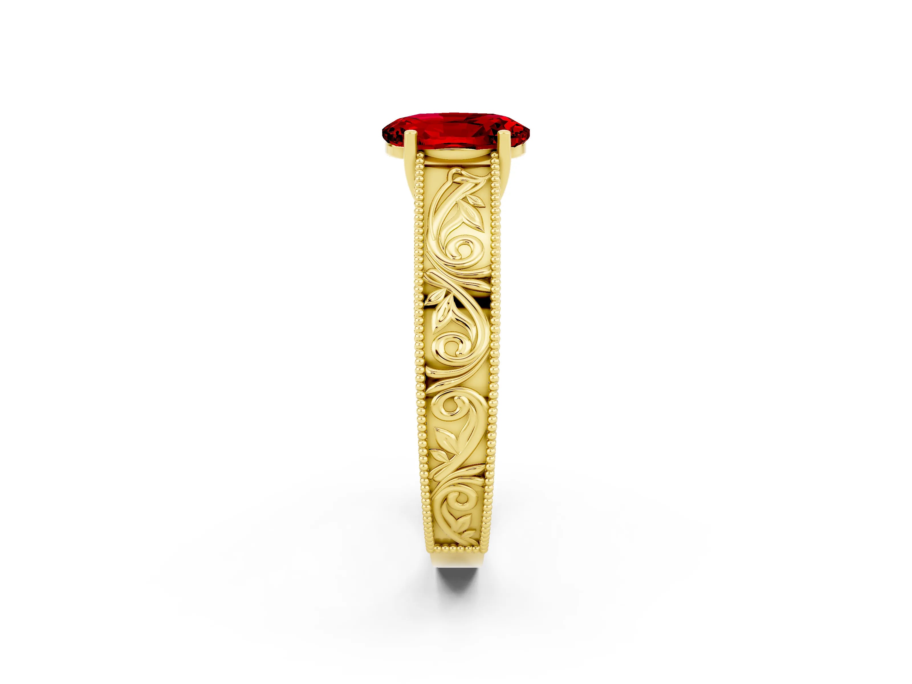 Yellow gold Oval Cut Ruby Solitaire Ring with Engraved Band and Four-Prong Setting_2