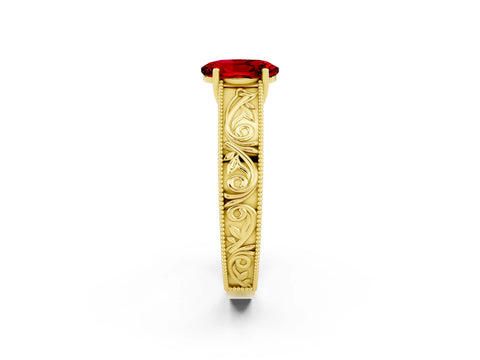 Yellow gold Oval Cut Ruby Solitaire Ring with Engraved Band and Four-Prong Setting_2