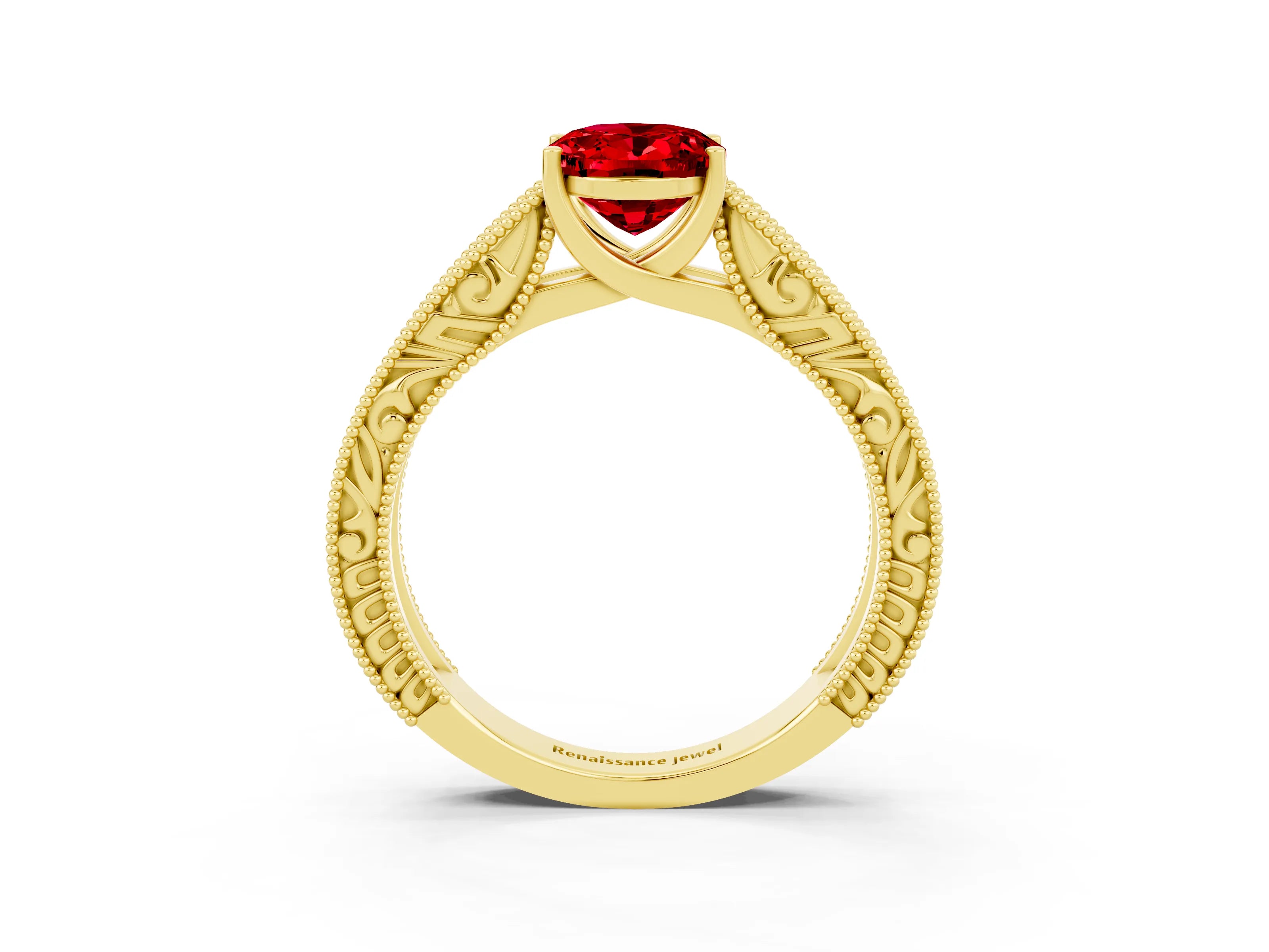 Yellow gold Oval Cut Ruby Solitaire Ring with Engraved Band and Four-Prong Setting_3