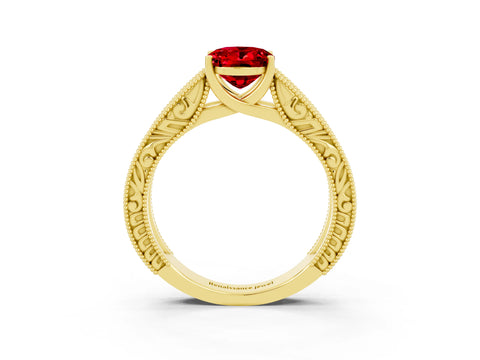 Yellow gold Oval Cut Ruby Solitaire Ring with Engraved Band and Four-Prong Setting_3