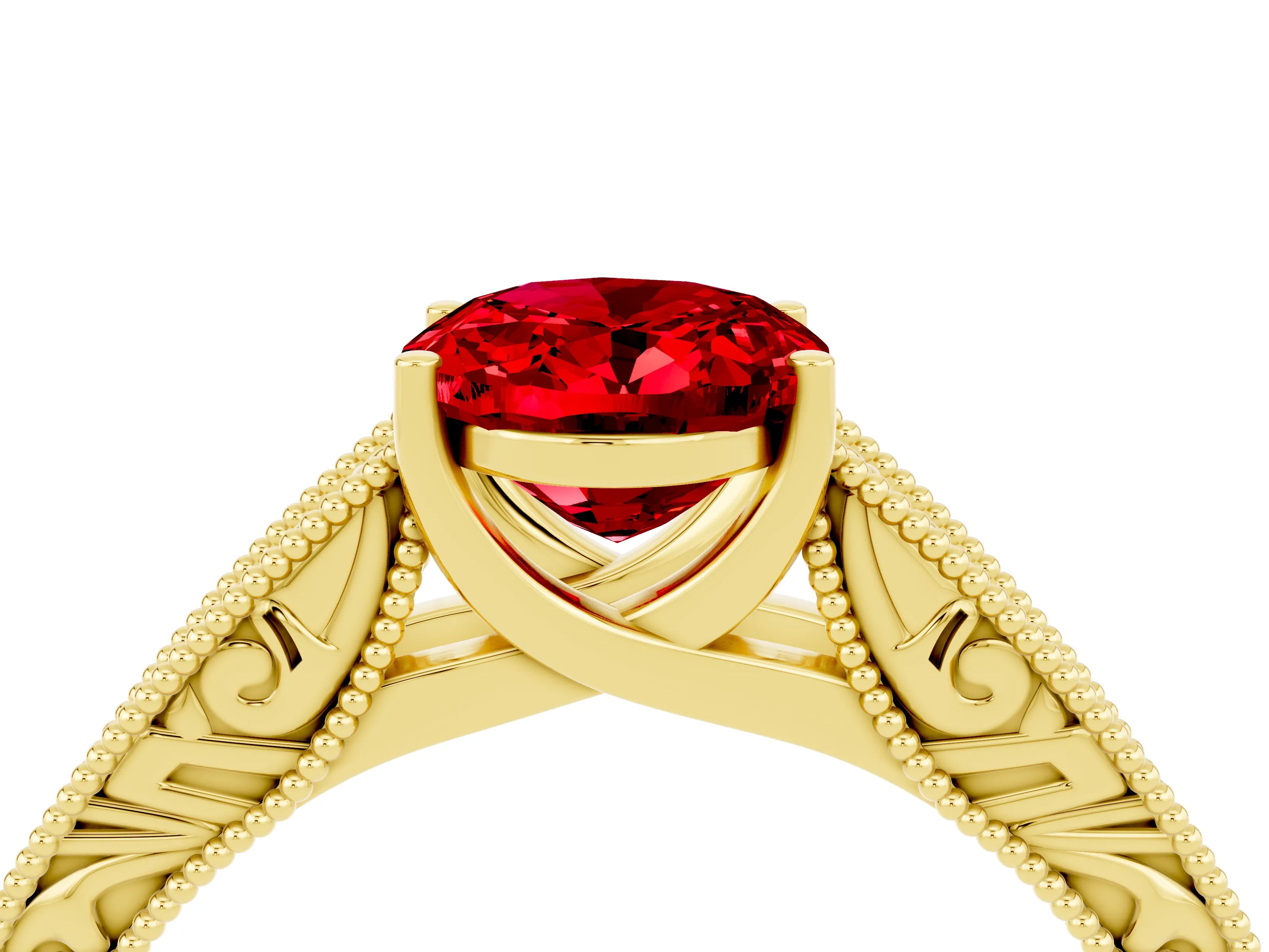 Yellow gold Oval Cut Ruby Solitaire Ring with Engraved Band and Four-Prong Setting_4
