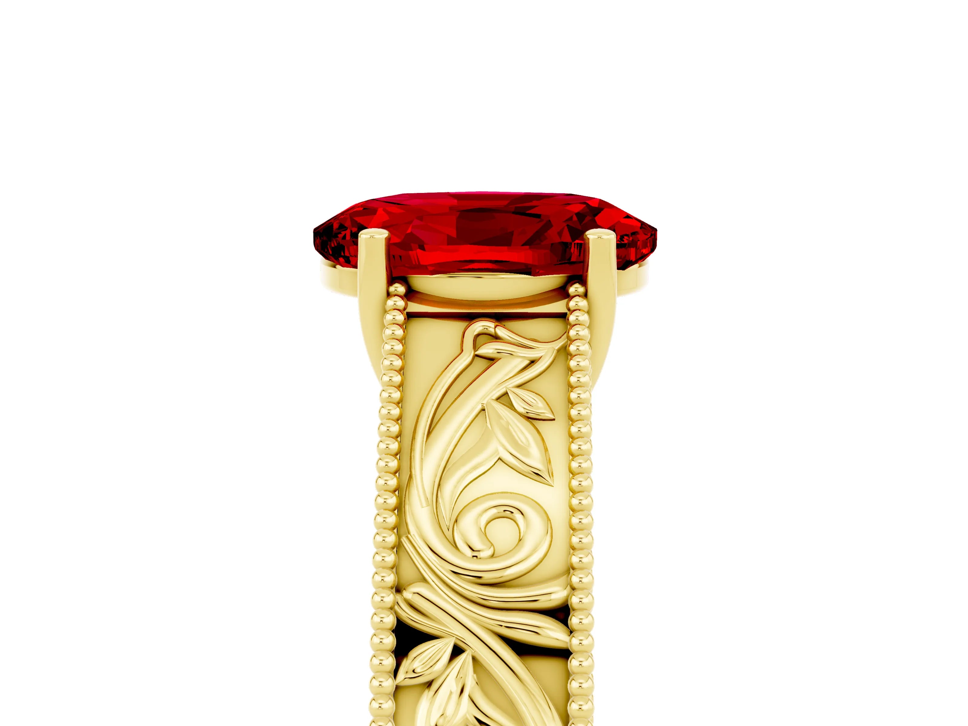 Yellow gold Oval Cut Ruby Solitaire Ring with Engraved Band and Four-Prong Setting_5