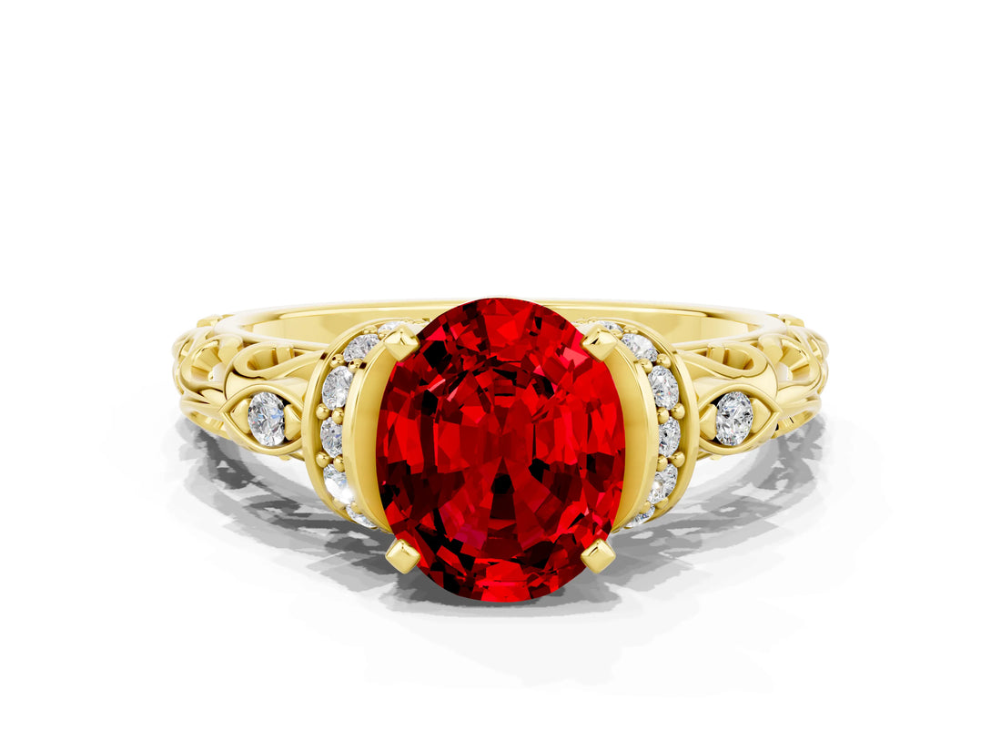 Yellow gold Oval Cut Ruby Solitaire Ring with Filigree Band and Four-Prong Setting_36