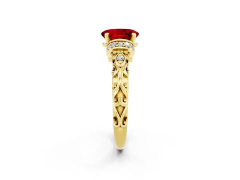 Yellow gold Oval Cut Ruby Solitaire Ring with Filigree Band and Four-Prong Setting_38