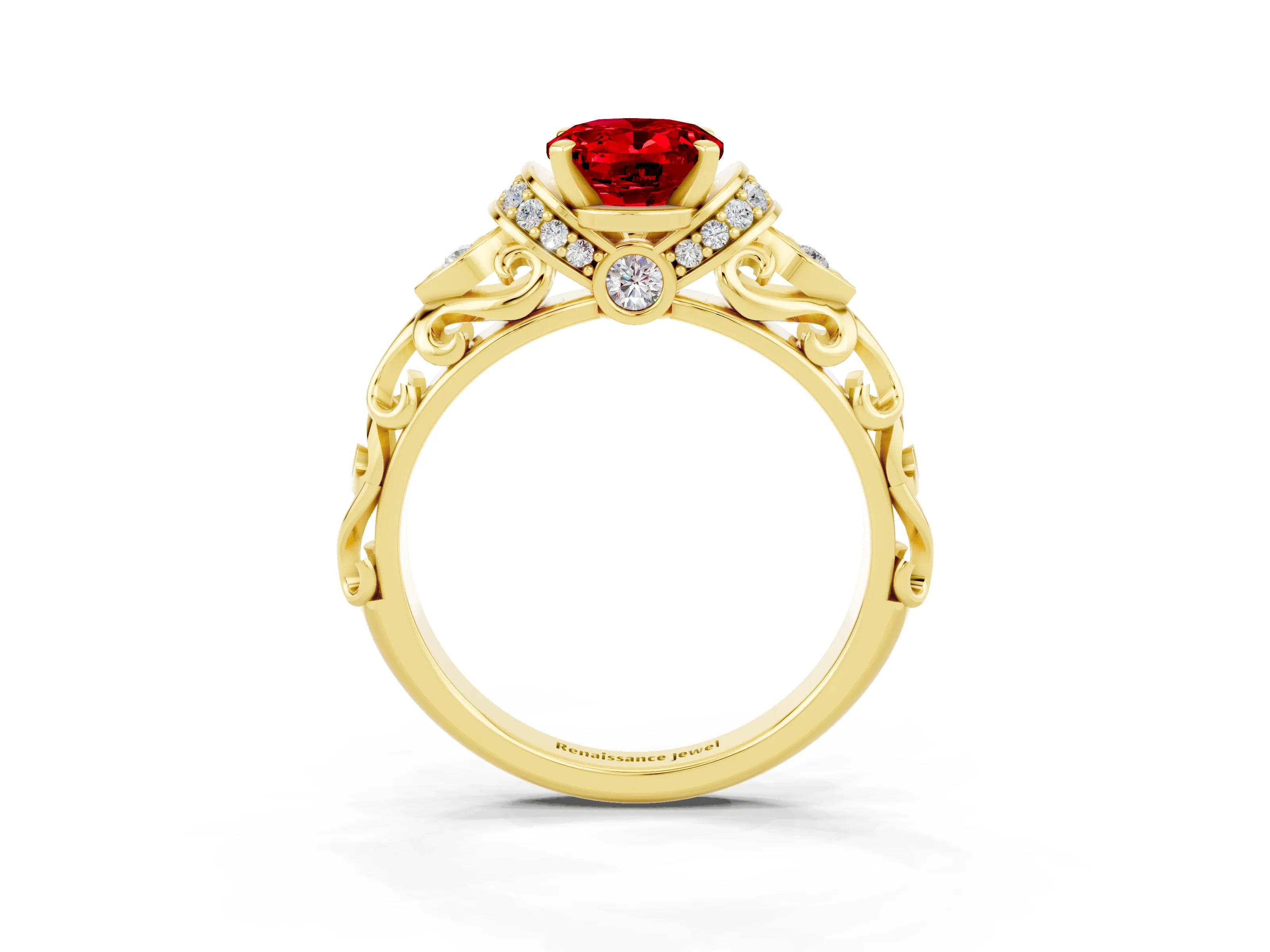 Yellow gold Oval Cut Ruby Solitaire Ring with Filigree Band and Four-Prong Setting_39
