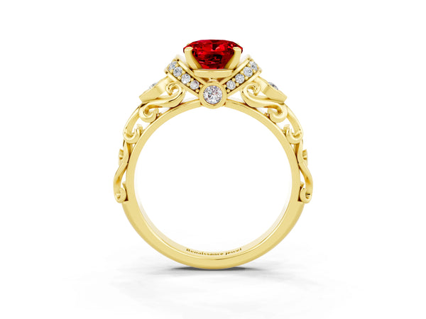 Yellow gold Oval Cut Ruby Solitaire Ring with Filigree Band and Four-Prong Setting