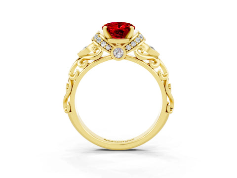Yellow gold Oval Cut Ruby Solitaire Ring with Filigree Band and Four-Prong Setting_39