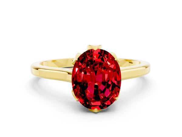 Yellow gold Oval Cut Ruby Solitaire Ring with Flower Prong Setting and Classic Band