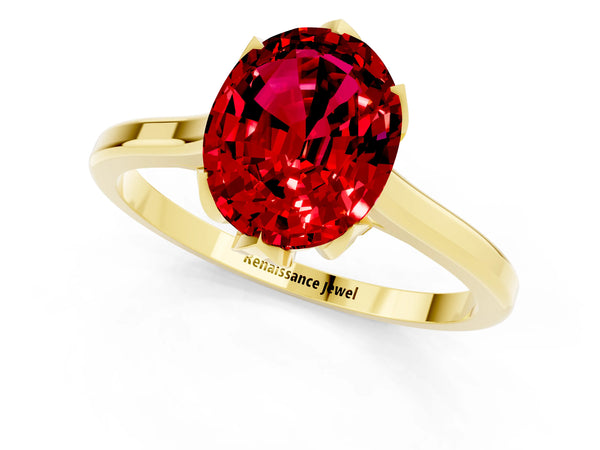 Yellow gold Oval Cut Ruby Solitaire Ring with Flower Prong Setting and Classic Band