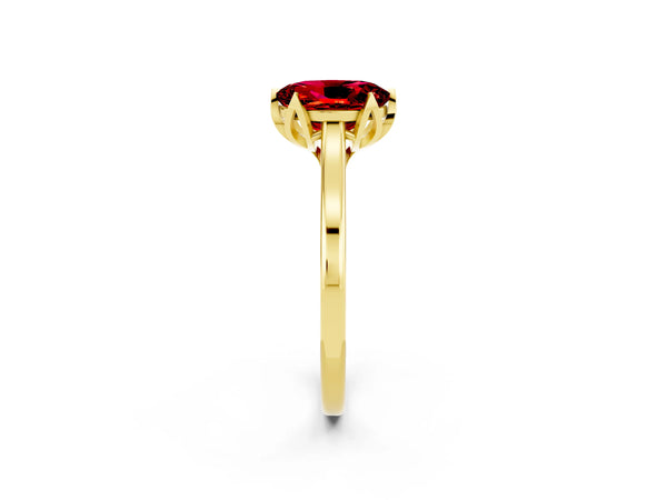 Yellow gold Oval Cut Ruby Solitaire Ring with Flower Prong Setting and Classic Band