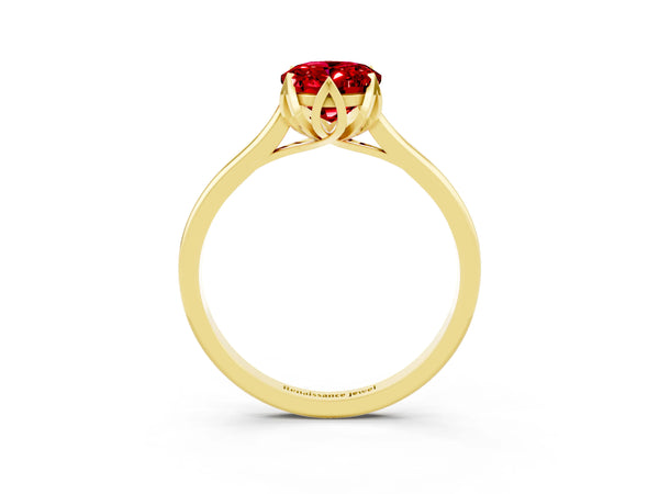 Yellow gold Oval Cut Ruby Solitaire Ring with Flower Prong Setting and Classic Band
