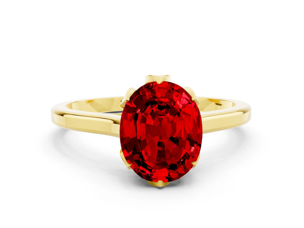 Yellow gold Oval Cut Ruby Solitaire Ring with Flower Prong Setting and Classic Band