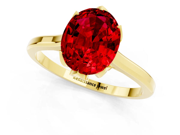 Yellow gold Oval Cut Ruby Solitaire Ring with Flower Prong Setting and Classic Band