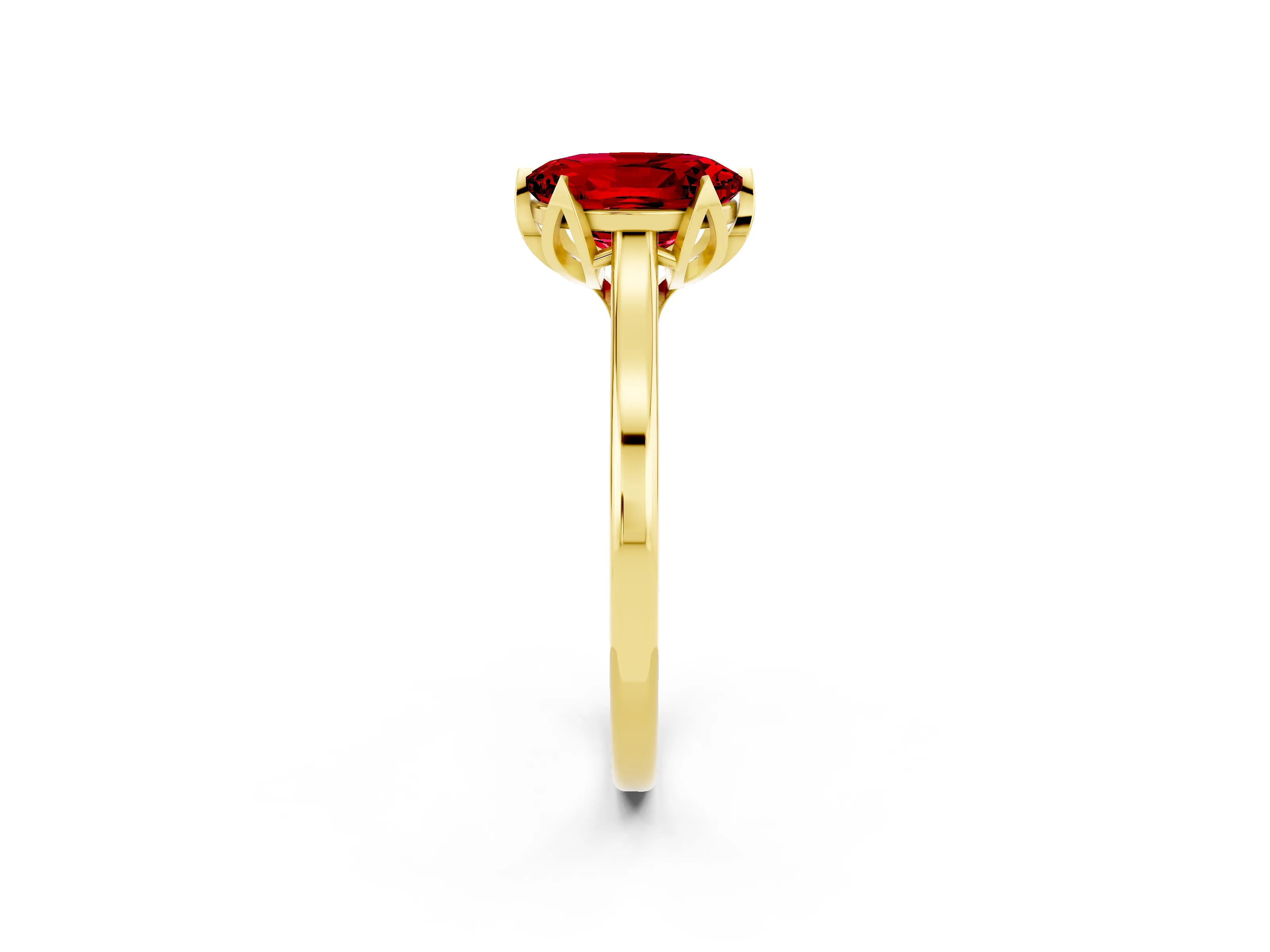 Yellow gold Oval Cut Ruby Solitaire Ring with Flower Prong Setting and Classic Band_26