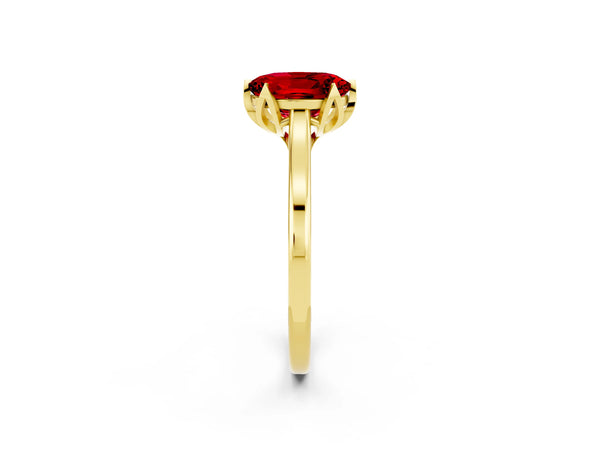 Yellow gold Oval Cut Ruby Solitaire Ring with Flower Prong Setting and Classic Band