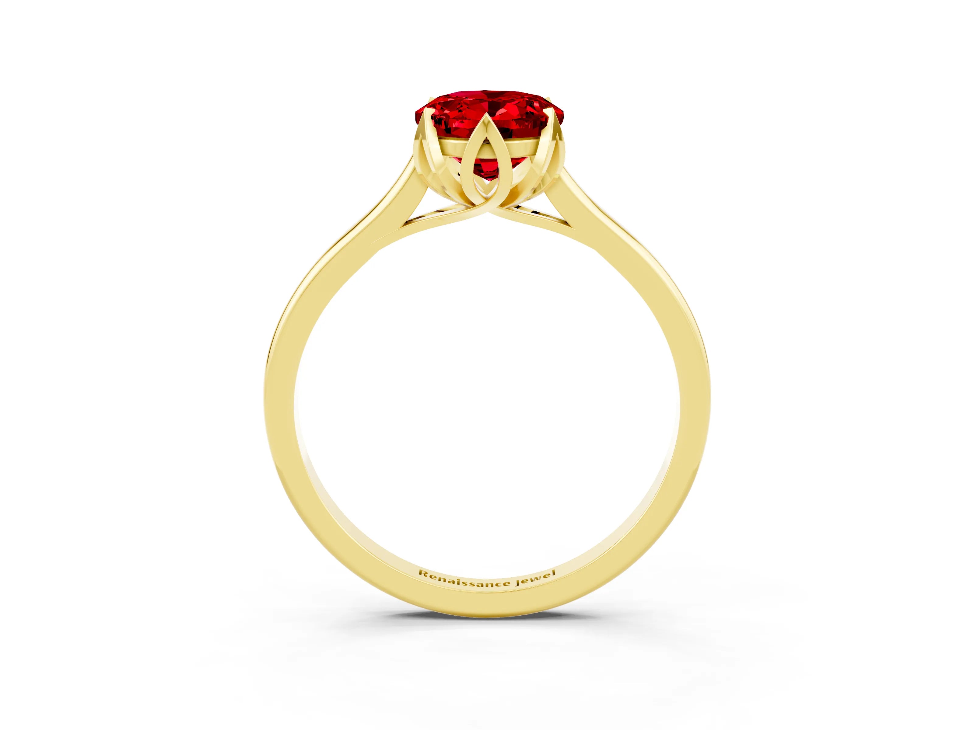 Yellow gold Oval Cut Ruby Solitaire Ring with Flower Prong Setting and Classic Band_27