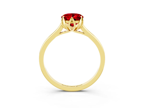Yellow gold Oval Cut Ruby Solitaire Ring with Flower Prong Setting and Classic Band